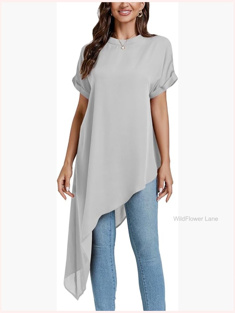 Elegant Mock Neck Short Sleeve Irregular Hem Tunic Blouse